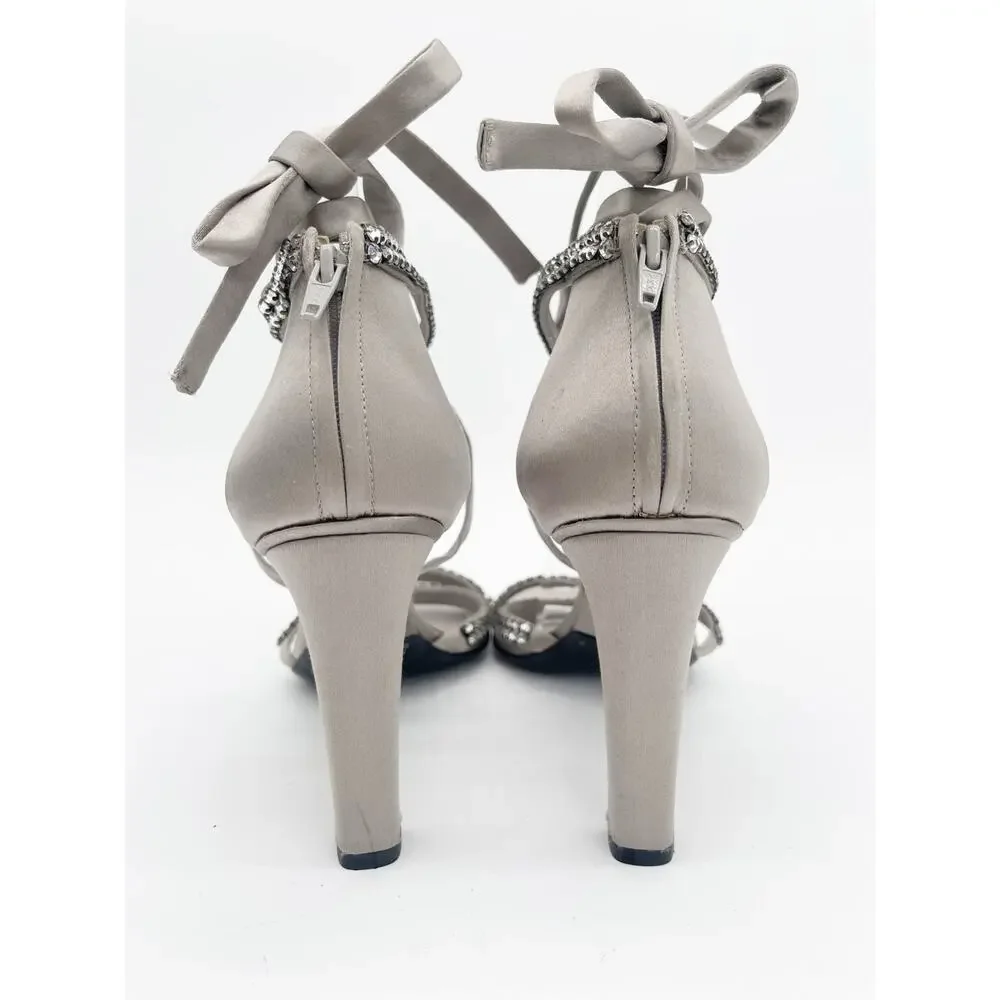 Gucci 2004 Tom Ford Silver Silk Crystal Strap Ankle Wrap Tie Heels Sandals US 8